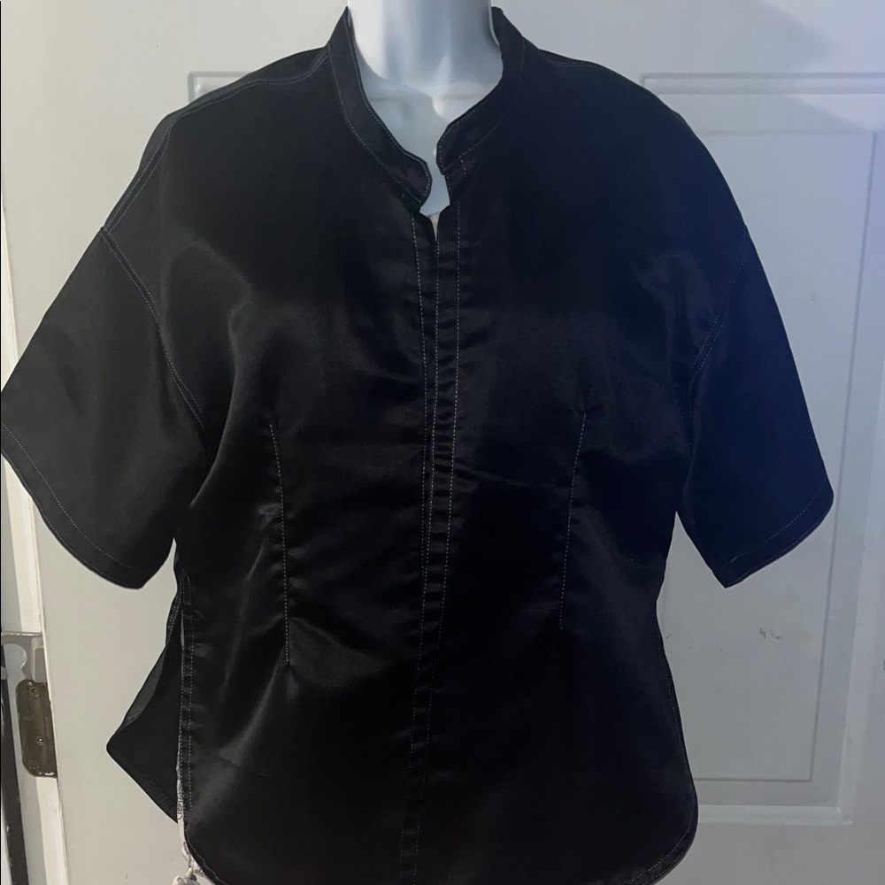 Black Satin like Short Sleeve Blouse
